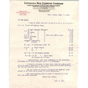 1909 Louisiana Red Cypress Company Lumber New Orleans Billhead Letterhead D17